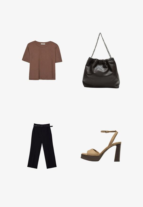Korte mouwen T-shirt in bruin, gemaakt van een zachte stof, met een ronde halslijn en een relaxte pasvorm. Geen zichtbare patronen of accenten.; Zwarte broek met brede pijpen en een gladde textuur. Kenmerkt zich door een aansluitende tailleband, riemlussen en voorzakken.; Beige suède hoge hakken sandalen met een brede voorband en enkelband, met een dikke houten blokhak met een gestructureerde afwerking.; Bruine leren tas met een geplooide bovenkant en een kettinghengsel. Glad textuur met een glanzende afwerking en subtiele naaddetails aan de zijkanten.