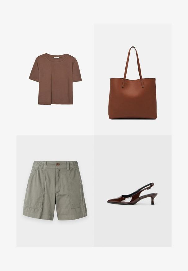 Braunes, kurzärmliges T-Shirt aus weichem Material mit rundem Halsausschnitt und lockerer Passform. Keine sichtbaren Muster oder Akzente.; Helle olivgrüne Shorts aus einem Baumwollmischgewebe, mit einem elastischen Bund, Fronttaschen und einem einzigen Knopfverschluss.; Braune Lackleder-Slingback-Schuhe mit spitzer Zehe und moderatem Absatz. Mit einem Schnallenriemen für einen sicheren Sitz. Glatte Textur.; Braune Leder-Tote mit glatter Textur, offenem Oberteil und zwei Schulterriemen. Verfügt über minimale Nähte und keine sichtbaren Beschläge.