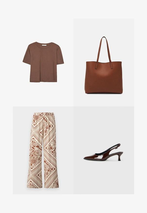 Brun kortærmet t-shirt lavet af blødt stof, med rund halsudskæring og afslappet pasform. Ingen synlige mønstre eller detaljer.; Viddebukser i en cremefarvet stof med et brunt blomstermønster og geometriske designs, elastisk talje og en glat tekstur.; Brun patenteret læder slingback sko med spids tå og en moderat hæl. Har en spænde rem for en sikker pasform. Glat tekstur.; Brun læder tote taske med en glat overflade, åben topdesign og to skulderremme. Har minimal syning og ingen synlig hardware.