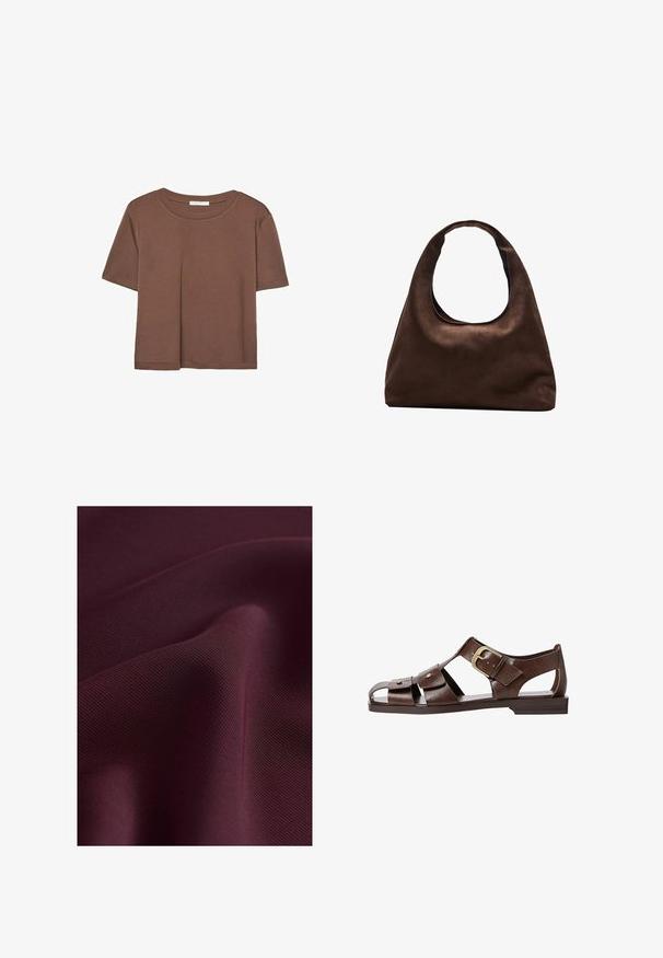 Brun kortærmet t-shirt lavet af blødt stof, med rund halsudskæring og afslappet pasform. Ingen synlige mønstre eller detaljer.; Next ELASTICATED BACK WIDE REGULAR FIT - Bukser - burgundy red; Brun lædersandal med udskæringsdesign, justerbar sidebuckle og flad sål, med metalaccentuer og åben tå.; Blød brun hobo-stil håndtaske med en enkelt bred strop og en buet åbning på toppen, vist på en hvid baggrund.