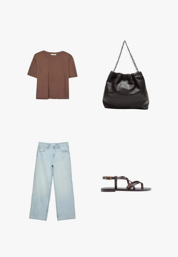 Brązowa koszulka z krótkim rękawem, wykonana z miękkiego materiału, z okrągłym dekoltem i luźnym krojem. Brak widocznych wzorów lub akcentów.; Jasnoniebieskie jeansy o szerokich nogawkach, wykonane z denimu, z wysokim stanem, pięcioma kieszeniami i delikatnym efektem wyblaknięcia. Prosty krój z wykończonymi brzegami.; Brązowe skórzane sandały z krzyżującymi się paskami, zapięciem na klamrę przy kostce oraz płaską podeszwą z minimalnymi detalami szycia.; Brązowa skórzana torba z marszczonym szczytem i łańcuszkowym paskiem. Gładka tekstura z błyszczącym wykończeniem i subtelnymi detalami szwów po bokach.