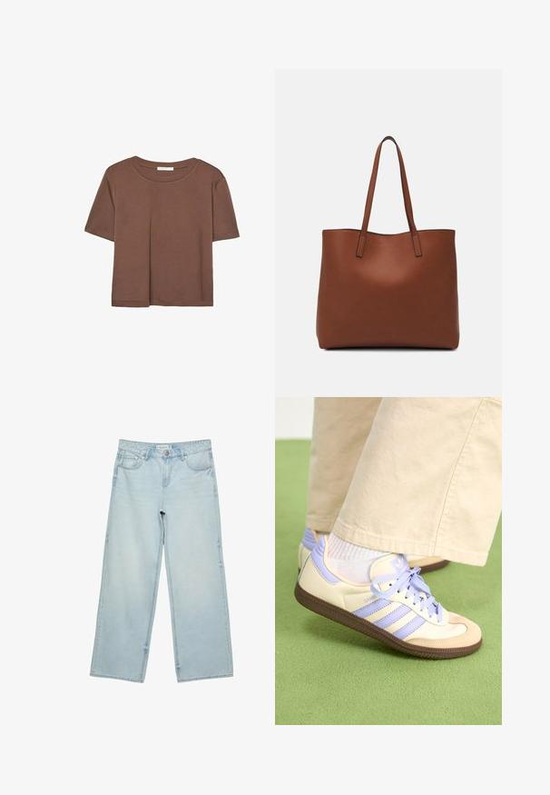Hnědé tričko s krátkým rukávem vyrobené z měkké látky, s kulatým výstřihem a volným střihem. Bez viditelných vzorů nebo dekorací.; Světlé modré široké džínové kalhoty s vysokým pasem, pěti kapsami a jemným vyblednutím. Rovný střih s lemem.; Krémové a levandulové tenisky se třemi pruhy a texturovanou hnědou podrážkou, vybavené tkaničkami a polstrovanou patou. Měkký textilní svršek.; Hnědá kožená taška přes rameno s hladkou texturou, otevřeným designem a dvěma ramenními popruhy. Obsahuje minimální švy a žádné viditelné kovové prvky.