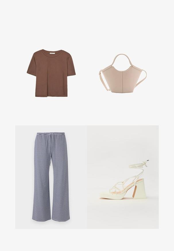 Brun kortärmad t-shirt i mjukt tyg, med rund halsringning och avslappnad passform. Inga synliga mönster eller detaljer.; Hollister Co. MAY BAGGY PULL ON - Träningsbyxor - dark blue/white; Vit högklackad sandal med en kraftig klack, med ett remdesign och ankelband. Slät textur med en plattform framtill för ökad höjd.; Beige läderhandväska med en unik form, med två korta handtag och ett långt justerbart axelband. Slät textur med minimal hårdvara.