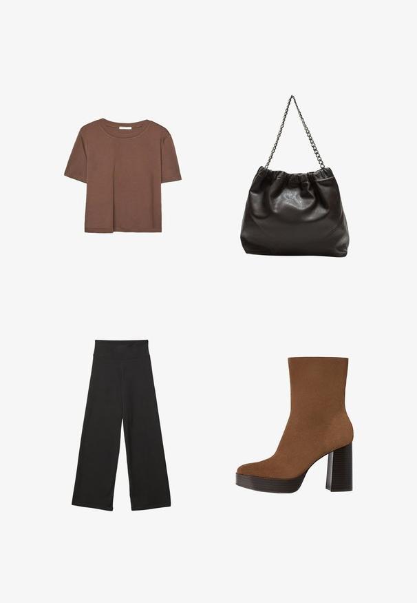 Rjava kratka majica s kratkimi rokavi iz mehkega materiala, s krožnim izrezom in ohlapnim krojem. Brez vidnih vzorcev ali dodatkov.; Črne široke hlače z visokim elastičnim pasom, izdelane iz mehke tkanine in ohlapnega kroja, primerne za sproščeno nošenje ali casual priložnosti.; Rjavi semiš gležnjar z zaokroženim prstom, debelim črnima črtastim petam in gladko površino. Ima prilagojen dizajn brez vidne opreme.; Rjava usnjena torba z nabranim vrhom in verižnim trakom. Gladka tekstura z sijajno površino in subtilnimi šivi na straneh.