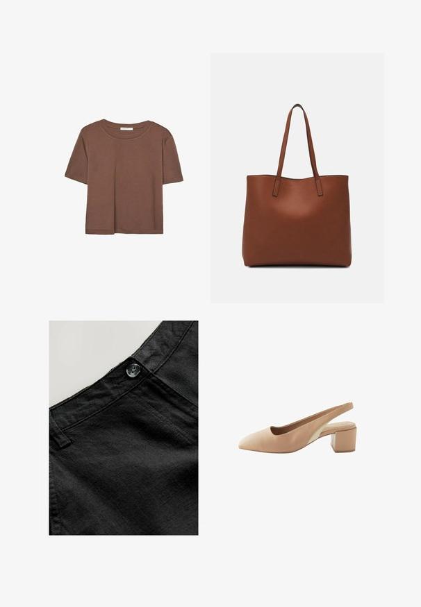 Korte mouwen T-shirt in bruin, gemaakt van een zachte stof, met een ronde halslijn en een relaxte pasvorm. Geen zichtbare patronen of accenten.; Zwarte linnen broek met een gladde textuur, voorzien van een ronde knoop en gestikte details bij de tailleband en zakken.; Nude leren slingback schoen met een spitse neus, lage blokhak en een contrasterend beige zijpaneel. Gladde textuur, minimalistisch ontwerp.; Bruine leren tote bag met een gladde textuur, een ontwerp met een open bovenkant en twee schouderbanden. Kenmerkt zich door minimale stiksels en geen zichtbare hardware.