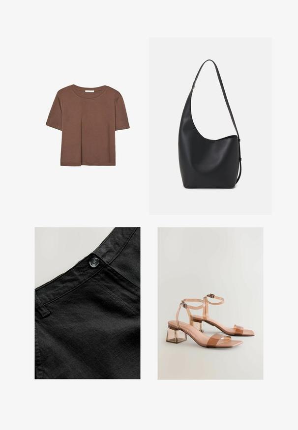 Rjava kratka majica s kratkimi rokavi iz mehkega materiala, s krožnim izrezom in ohlapnim krojem. Brez vidnih vzorcev ali dodatkov.; Črne lanene hlače z gladko teksturo, s krožnim gumbom in šivanimi detajli na pasu in žepih.; Prozorni sandali s blok petama, golim trakama, kvadratnim vrhovima i podesivim kopčanjem oko gležnja; glatka tekstura i sjajna završna obrada.; Črna usnjena hobo torba z gladko teksturo, ukrivljeno obliko in eno nastavljivo naramnico; ima širok odprtina na vrhu.