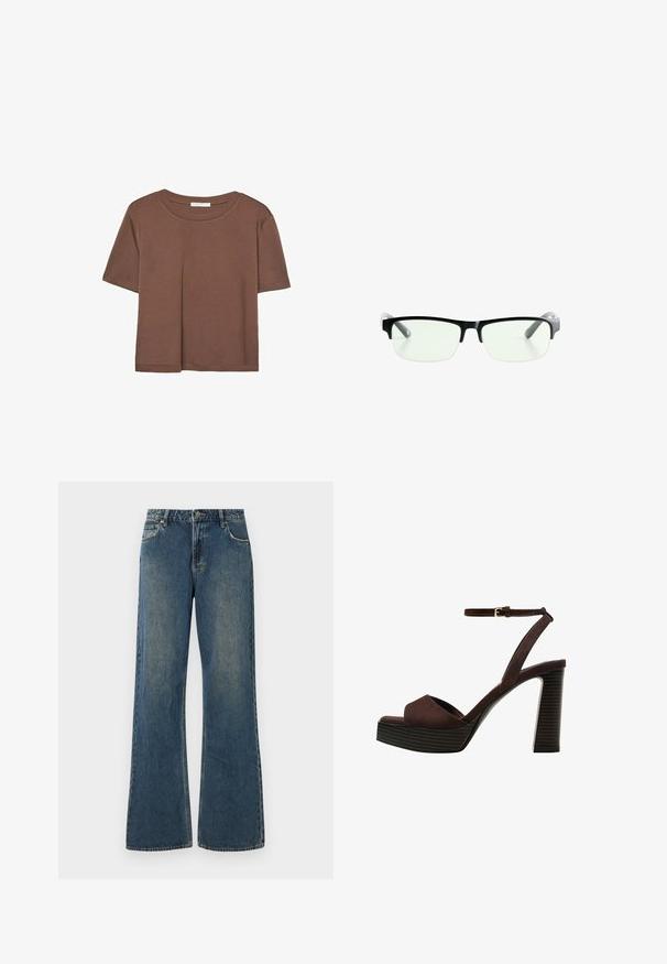 Hnědé tričko s krátkým rukávem vyrobené z měkké látky, s kulatým výstřihem a volným střihem. Bez viditelných vzorů nebo dekorací.; Džínové kalhoty s širokými nohavicemi v středně modré barvě s vybledlým povrchem. Obsahují pět kapes, poutka na opasek a kovové zapínání na knoflík. Bavlněná tkanina.; Hnědé semišové sandály na vysokém podpatku s otevřenou špičkou, nastavitelným páskem kolem kotníku a proužkovou platformou.; Černé obdélníkové brýle s průhlednými čočkami, s elegantními černými obroučkami a šedými průhlednými koncovkami. Minimalistický design, bez viditelného brandingu.