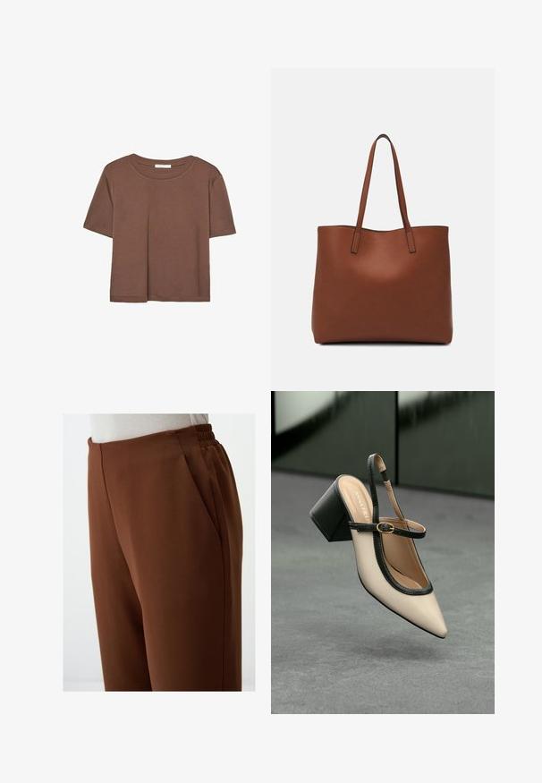 Korte mouwen T-shirt in bruin, gemaakt van een zachte stof, met een ronde halslijn en een relaxte pasvorm. Geen zichtbare patronen of accenten.; Donkergemêle hoge taillebroek met een gladde textuur, voorzien van zijzakken en een elastische tailleband voor comfort.; Beige puntige slingback schoen met zwarte rand, gouden gesp en een chunky blokhak op een grijze vloer met een donker groene achtergrond.; Bruine leren tote bag met een gladde textuur, een ontwerp met een open bovenkant en twee schouderbanden. Kenmerkt zich door minimale stiksels en geen zichtbare hardware.