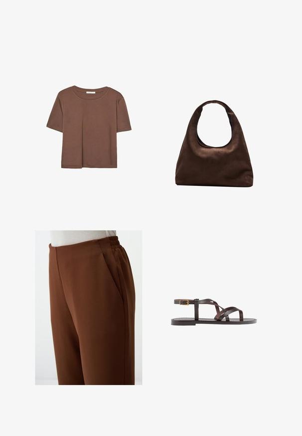 Maglietta a maniche corte marrone realizzata in tessuto morbido, con scollatura rotonda e vestibilità rilassata. Nessun motivo o dettaglio visibile.; Pantaloni brown a vita alta con una superficie liscia, dotati di tasche laterali e una vita elastica per il massimo comfort.; Sandal in pelle marrone con cinturini incrociati, chiusura con cinturino alla caviglia e suola piatta con dettagli di cucitura minimi.; Borsa hobo di un morbido marrone con una sola tracolla larga e un'apertura a manico curvo, esposta su uno sfondo bianco.
