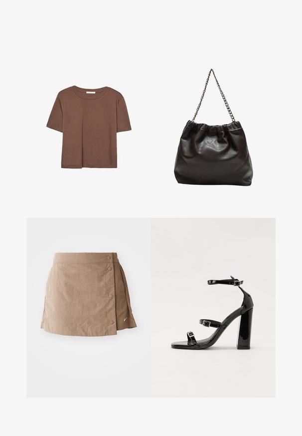 Rjava kratka majica s kratkimi rokavi iz mehkega materiala, s krožnim izrezom in ohlapnim krojem. Brez vidnih vzorcev ali dodatkov.; Svetlosrni krilo z gladko teksturo, ki ima ovito zasnovo, gumbe na strani in majhno logotip ob robu.; Črne lakirane sandale s peto, kvadratnim prstom, trakovi okrog gležnja in srebrnimi zaponkami. Opremljene so s stabilno Debelo peto.; Rjava usnjena torba z nabranim vrhom in verižnim trakom. Gladka tekstura z sijajno površino in subtilnimi šivi na straneh.