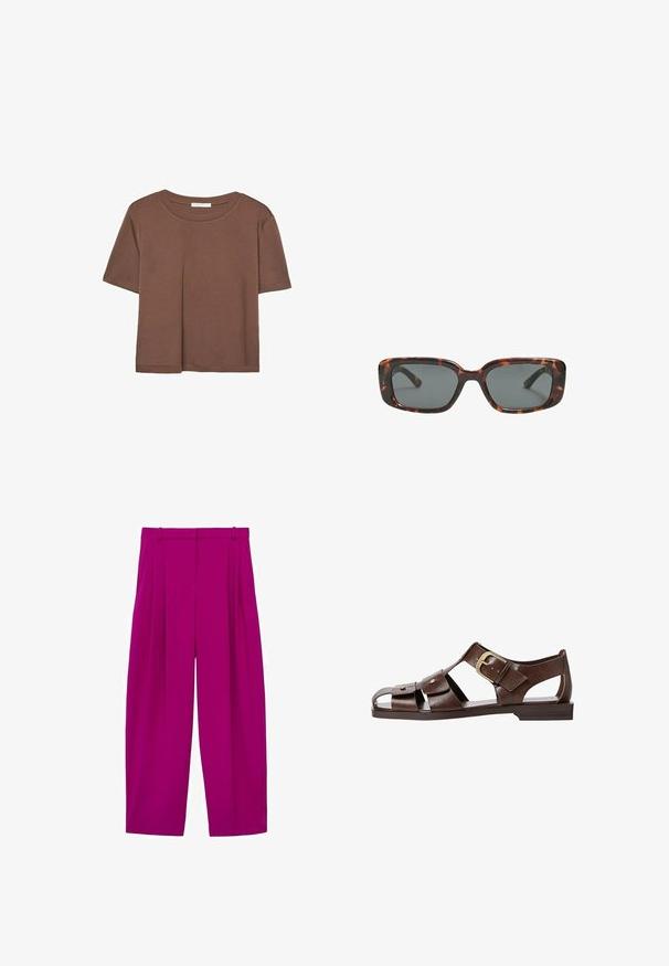 Braunes, kurzärmliges T-Shirt aus weichem Material mit rundem Halsausschnitt und lockerer Passform. Keine sichtbaren Muster oder Akzente.; Fuchsia weite Hosen mit Falten, die eine glatte Textur und eine hohe Taille aufweisen. Mit Gürtelschlaufen und taillierter Silhouette.; Braune Leder-Sandale mit ausgeschnittenem Design, verstellbarem seitlichem Riemenverschluss und flacher Sohle, mit Metallakzenten und offenem Zehenbereich.; Sonnenbrille im Schildpatt-Design mit rechteckigen Gläsern, dicken Rahmen und dunkelgetönten Gläsern. Glatte Textur und minimalistisches Design.