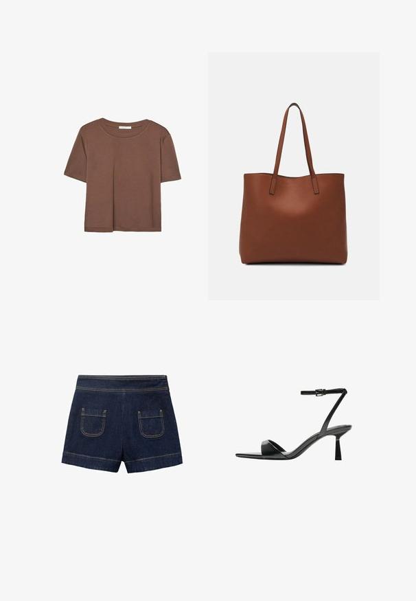 Hnědé tričko s krátkým rukávem vyrobené z měkké látky, s kulatým výstřihem a volným střihem. Bez viditelných vzorů nebo dekorací.; Džínové šortky tmavě modré barvy s přiléhavým páskem, dvěma zadními kapsami a světlými hnědými stehy podél švů. Složený lem na spodním okraji.; Bershka Sandály na vysokém podpatku - black; Hnědá kožená taška přes rameno s hladkou texturou, otevřeným designem a dvěma ramenními popruhy. Obsahuje minimální švy a žádné viditelné kovové prvky.