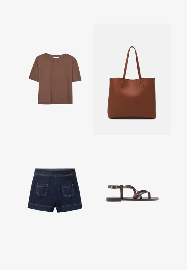 Rjava kratka majica s kratkimi rokavi iz mehkega materiala, s krožnim izrezom in ohlapnim krojem. Brez vidnih vzorcev ali dodatkov.; Denim kratke hlače v temno modri barvi z prilagojenim pasom, dvema zadnjima žepoma in svetlo rjavim šivom ob šivih. Zavihani rob na dnu.; Rjav usnjen sandal z načinom prečnega črta, zaklepom okoli gležnja in ravnim podplatom z minimalnimi šivi.; Rjava usnjena torba z gladko teksturo, odprto zasnovo zgoraj in dvema naramnima trakovoma. Opremljena je z minimalnim šivanjem in brez vidnih kovinskih delov.