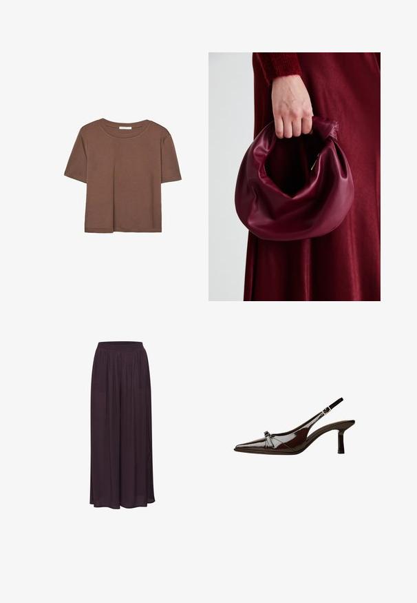 T-shirt marron à manches courtes en tissu doux, avec un col rond et une coupe décontractée. Aucun motif ni accent visible.; Pantalons larges en tissu léger, de couleur violet foncé. Dotés d'une taille élastique et d'un design fluide avec une texture lisse.; Chaussure slingback en cuir verni marron avec un bout pointu, un petit talon et un accent de nœud décoratif à l'avant. Texture lisse et brillante.; Sac à main en cuir bordeaux au design doux et froncé, avec une forme arrondie. La poignée est fixée, mettant en valeur une texture lisse.