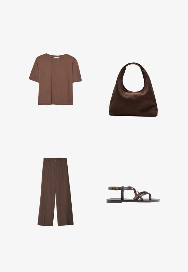 Rjava kratka majica s kratkimi rokavi iz mehkega materiala, s krožnim izrezom in ohlapnim krojem. Brez vidnih vzorcev ali dodatkov.; Rjave široke hlače iz gladkega materiala, z جلوžnimi draperijami, gumbom za zapiranje in ravnimi robovi za elegantno prileganje.; Rjav usnjen sandal z načinom prečnega črta, zaklepom okoli gležnja in ravnim podplatom z minimalnimi šivi.; Mehakna rjava torbica v hobo stilu z enim širokim trakom in ukrivljenim odprtjem na vrhu, prikazana na beli podlagi.