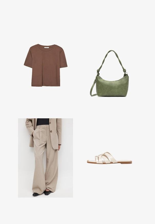 Hnedé tričko s krátkym rukávom vyrobené z jemného materiálu, s okrúhlym výstrihom a voľným strihom. Žiadne viditeľné vzory ani akcenty.; NA-KD MIT MITTLERER TAILLE - Nohavice - sand; Ploché sandále s hnedou gumovou podrážkou, navrhnuté s tromi prekrývajúcimi sa bielymi koženými popruhmi a malou mašličkou uprostred.; Zelená kožená kabelka s hladkým povrchom, zakriveným tvarom a vrkočovou rúčkou. Obsahuje zipsový uzáver a nastaviteľný popruh.