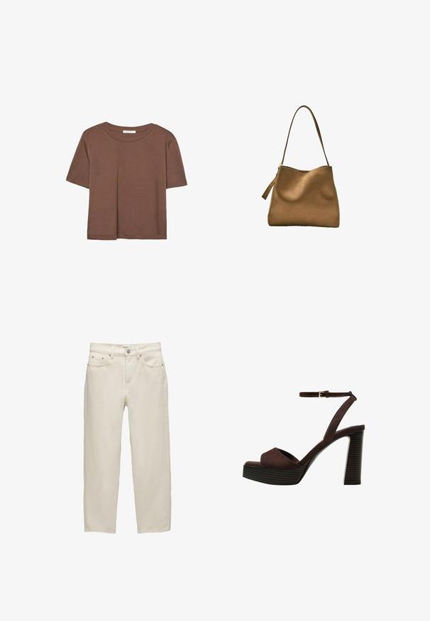 Maglietta a maniche corte marrone realizzata in tessuto morbido, con scollatura rotonda e vestibilità rilassata. Nessun motivo o dettaglio visibile.; Jeans in denim bianco con una vestibilità rilassata, caratterizzati da gamba dritta, design a cinque tasche e hardware in metallo con una texture sottile.; Sandal in camoscio marrone con tacco alto, punta aperta, cinturino alla caviglia regolabile e suola a piattaforma striata.; Borsa a tracolla in suede marrone con una texture liscia, cima curva e un lungo manico piatto. Presenta una cerniera su un lato.