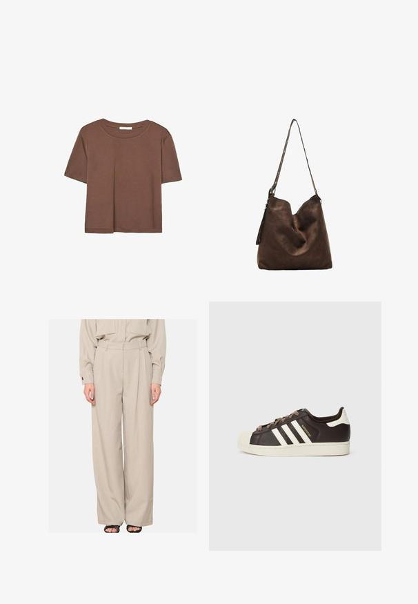 Rjava kratka majica s kratkimi rokavi iz mehkega materiala, s krožnim izrezom in ohlapnim krojem. Brez vidnih vzorcev ali dodatkov.; Bež hlače širokega kroja s pregibi spredaj, zankami za pas in stranskimi žepi. Narejene so iz gladkega materiala z rahlo prilegajočim krojem.; Nizki adidas Superstar copat iz temno rjavega usnja s kremasto školjkasto konico, belimi črtami in napisom "Superstar" na strani.; Rjava semišasta hobo torba s ukrivljenim vrhom, dolgim trakcem z dot akcenti in mehko teksturo. Ima sproščen videz za vsakdanje uporabo.