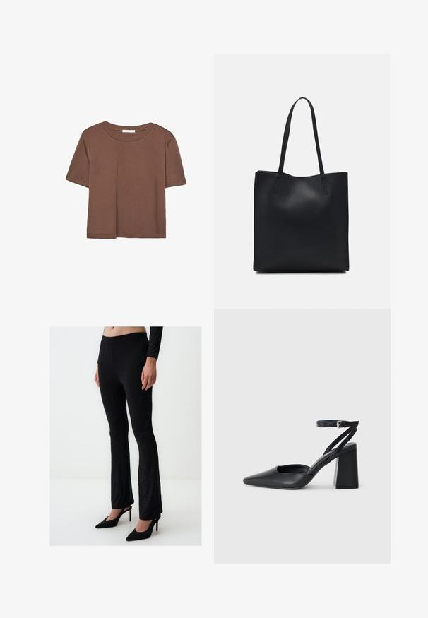 T-shirt marron à manches courtes en tissu doux, avec un col rond et une coupe décontractée. Aucun motif ni accent visible.; Pantalons noirs évasés avec un motif texturé ondulé. Fabriqués dans un matériau extensible, avec une taille haute et associés à des talons noirs.; Escarpin noir en cuir à bout pointu avec une bride de cheville et un talon épais. Texture lisse, design élégant et esthétique minimaliste.; Sac fourre-tout en cuir noir avec une texture lisse, de forme rectangulaire et deux longues poignées. Pas de matériel ou d'ornementations visibles.