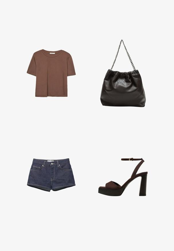 Brązowa koszulka z krótkim rękawem, wykonana z miękkiego materiału, z okrągłym dekoltem i luźnym krojem. Brak widocznych wzorów lub akcentów.; Ciemnogranatowe szorty dżinsowe z średnim stanem, pięcioma kieszeniami i podwiniętymi nogawkami. Kontrastowe przeszycia podkreślają szwy i zapięcie na guzik.; Brązowe zamszowe sandały na wysokim obcasie z odkrytymi palcami, regulowanym paskiem na kostce i paskowatą podeszwą.; Brązowa skórzana torba z marszczonym szczytem i łańcuszkowym paskiem. Gładka tekstura z błyszczącym wykończeniem i subtelnymi detalami szwów po bokach.