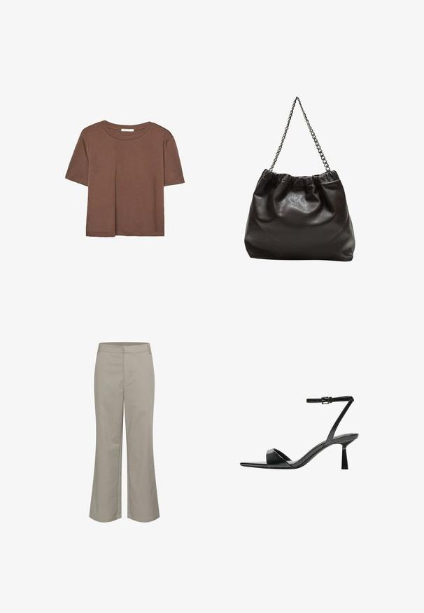Hnědé tričko s krátkým rukávem vyrobené z měkké látky, s kulatým výstřihem a volným střihem. Bez viditelných vzorů nebo dekorací.; Béžové zkrácené kalhoty se střihovým provedením rovné nohavice, vyrobené z hladké látky. Mají přední kapsu a čistý pas.; Bershka Sandály na vysokém podpatku - black; Hnědá kožená taška se sbíraným vrškem a řetízkovým popruhem. Hladký povrch s lesklým finišem a jemným švem na bocích.