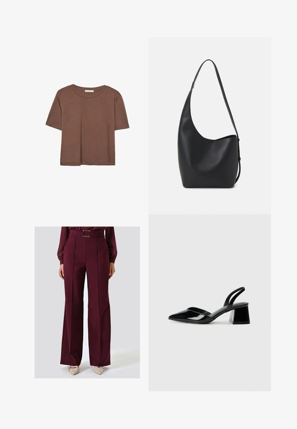 Braunes, kurzärmliges T-Shirt aus weichem Material mit rundem Halsausschnitt und lockerer Passform. Keine sichtbaren Muster oder Akzente.; Bordeauxfarbene Weitbein-Hosen mit einem taillierten Bund, Falten auf der Vorderseite und glattem Stoff. Kombiniert mit beigen, spitzen Schuhen.; Schwarze Lackleder-Slingback-High Heels mit spitzem Schuh und einem geometrischen Blockabsatz. Verfügt über ein schlankes, minimalistisches Design und eine glatte Textur.; Schwarze Leder-Hobo-Tasche mit einer glatten Textur, geschwungener Form und einem einzelnen verstellbaren Tragegurt; verfügt über eine weite Öffnung am oberen Ende.