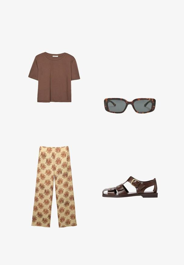 Brązowa koszulka z krótkim rękawem, wykonana z miękkiego materiału, z okrągłym dekoltem i luźnym krojem. Brak widocznych wzorów lub akcentów.; Szerokie spodnie wykonane z miękkiego materiału, z beżowym tłem i powtarzającym się wzorem kwiatowym w kolorze rdzy. Elastyczny pas dla wygody.; Brązowe skórzane sandały z wycięciami, regulowanym zapięciem po boku i płaską podeszwą, z metalowymi akcentami i otwartym noskiem.; Okulary przeciwsłoneczne w kratkę w kształcie prostokątnym, z grubymi oprawkami i ciemnymi szkłami. Gładka faktura i minimalistyczny design.