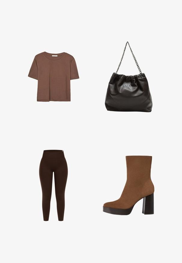Maglietta a maniche corte marrone realizzata in tessuto morbido, con scollatura rotonda e vestibilità rilassata. Nessun motivo o dettaglio visibile.; Leggings marroni a vita alta realizzati in materiale elasticizzato, con una texture liscia e un design aderenza, senza motivi o accessori visibili.; Stivale alla caviglia in suede marrone con punta arrotondata, tacco spesso a strisce nere e superficie liscia. Caratterizzato da un design aderente senza hardware visibile.; Borsa in pelle marrone con parte superiore arricciata e tracolla a catena. Texture liscia con finitura lucida e dettagli di cucitura sottili sui lati.