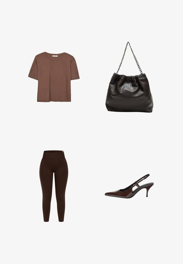 Brun kortærmet t-shirt lavet af blødt stof, med rund halsudskæring og afslappet pasform. Ingen synlige mønstre eller detaljer.; Brune højtaljede leggings lavet af strækbart materiale, med en glat tekstur og tætsiddende design, uden synlige mønstre eller hardware.; Brune patentlæder slingback pumpe med spids tå, åbne udskæringer og en tynd hæl. Har en justerbar spænde rem.; Brun lædertaske med en rynket top og en kædestrop. Glat tekstur med en blank finish og subtile sømdetaljer på siderne.