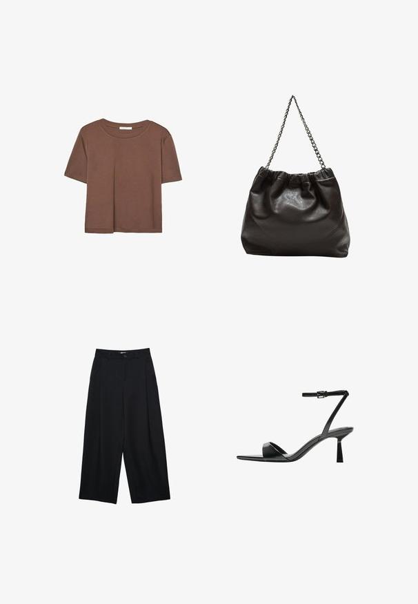 Brown short-sleeve t-shirt made of soft fabric, with a round neckline and relaxed fit. No visible patterns or accents.; Black wide-leg trousers made of smooth fabric, featuring a front button closure, pleats, and side pockets for added utility.; Bershka High heeled sandals - black; Brown leather bag with a gathered top and a chain strap. Smooth texture with a glossy finish and subtle seam detailing on the sides.