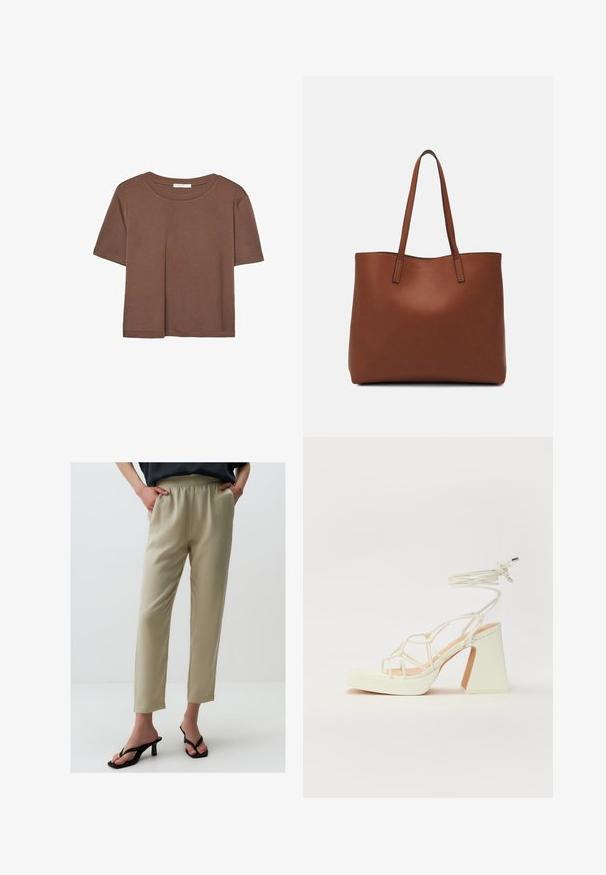 T-shirt marron à manches courtes en tissu doux, avec un col rond et une coupe décontractée. Aucun motif ni accent visible.; Pantalons beige clair taille haute avec une taille élastique, jambes droites et texture lisse. Associés à des sandales à talons noires.; Sandale blanche à talons hauts avec un talon épais, présentant un design à lanières et un lien autour de la cheville. Texture lisse avec une plateforme à l'avant pour une hauteur supplémentaire.; Sac fourre-tout en cuir marron avec une texture lisse, design à ouverture supérieure et deux poignées pour le porter à l'épaule. Présente des coutures minimales et aucun matériel visible.