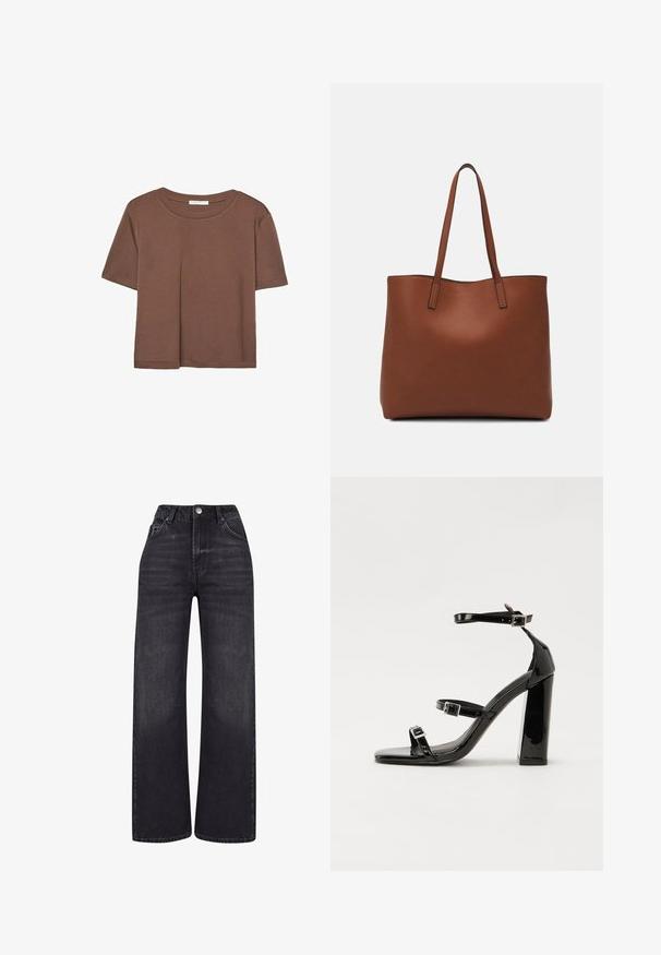 Hnedé tričko s krátkym rukávom vyrobené z jemného materiálu, s okrúhlym výstrihom a voľným strihom. Žiadne viditeľné vzory ani akcenty.; 2Y Studios NAYA BASIC LIGHT - Široké nohavice - washed black; Čierne lakované sandále na vysokom opätku s dvoma prackami, štvorcovou špičkou a hrubým blokovým opätkom, s hladkou, lesklou textúrou.; Hnedá kožená taška na rameno s hladkou textúrou, otvoreným vrchom a dvoma ramenými popruhmi. Má minimálne šitia a žiadne viditeľné kovania.