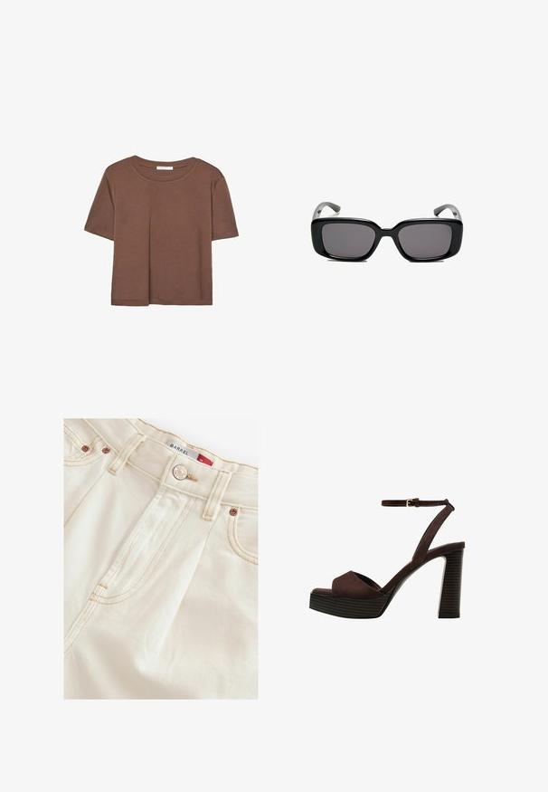 Braunes, kurzärmliges T-Shirt aus weichem Material mit rundem Halsausschnitt und lockerer Passform. Keine sichtbaren Muster oder Akzente.; Cremfarbene Denim-Jeans mit geradem Schnitt, ausgestattet mit Kupferbeschlägen, tonalen Nähten und sichtbaren Seitennähten für Struktur.; Braune Wildleder-Pumps mit offenem Zeh, verstellbarem Knöchelriemen und gestreiftem Plateausohlen.; Schwarze rechteckige Sonnenbrille mit dunklen Gläsern, glattem Kunststoffrahmen und gebogenen Bügeln. Das Design ist klobig mit einer minimalistischen Ästhetik.