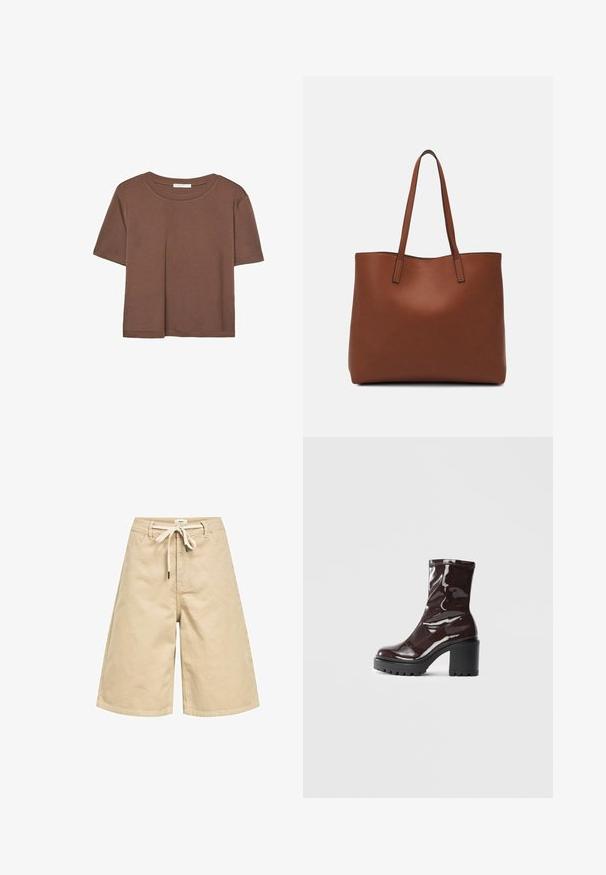 T-shirt marron à manches courtes en tissu doux, avec un col rond et une coupe décontractée. Aucun motif ni accent visible.; Shorts en coton beige avec une coupe décontractée, dotés d'une taille à cordon de serrage, de poches avant et d'une texture lisse. Couture apparente.; Bottines bordeaux brillantes à talon épais noir, avec une texture lisse et un design simple. Aucune fermeture visible ni motifs.; Sac fourre-tout en cuir marron avec une texture lisse, design à ouverture supérieure et deux poignées pour le porter à l'épaule. Présente des coutures minimales et aucun matériel visible.