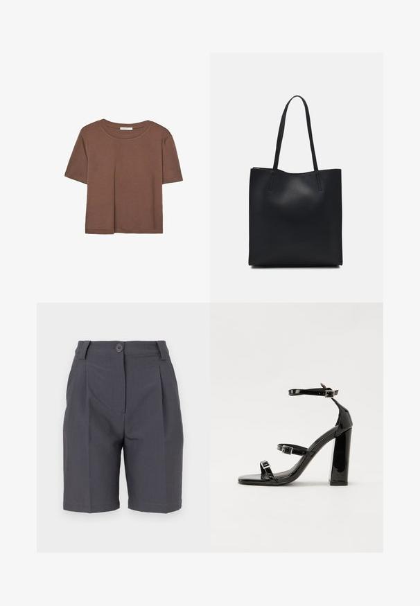 Smeđi kratki rukav majica od mekog materijala, s okruglim izrezom i opuštenim krojem. Nema vidljivih uzoraka ili naglasaka.; Sive kratke hlače s pregibima, zatvaranjem na dugme i bočnim džepovima. Napravljene od glatkog, laganog materijala s čvrstim krojem.; Crne lakirane sandale na pete sa kvadratnim nosom, trakama oko gležnja i srebrnim kopčama. Imaju čvrst blok petu za stabilnost.; Crna kožna torba za nošenje s glatkom teksturom, pravokutnim oblikom i dvije duge ručke. Nema vidljivih metalnih dijelova ili ukrasa.