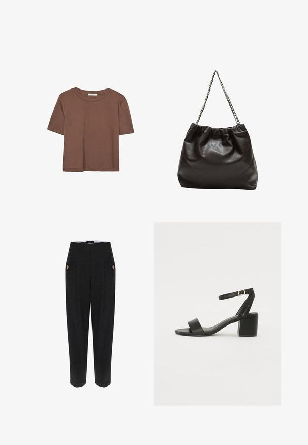 Korte mouwen T-shirt in bruin, gemaakt van een zachte stof, met een ronde halslijn en een relaxte pasvorm. Geen zichtbare patronen of accenten.; Zwarte op maat gemaakte broek van een gestructureerde stof, met zijzakken, gouden knoopdetails en een taps toelopende pasvorm.; Zwarte hoge sandaal met een soepel leren bovenkant, een open teen, brede voorkruisbanden en een verstelbare enkelband met een gouden gespdetail.; Bruine leren tas met een geplooide bovenkant en een kettinghengsel. Glad textuur met een glanzende afwerking en subtiele naaddetails aan de zijkanten.