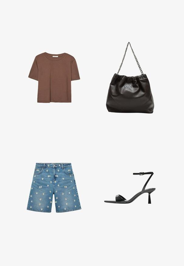 Smeđi kratki rukav majica od mekog materijala, s okruglim izrezom i opuštenim krojem. Nema vidljivih uzoraka ili naglasaka.; Traperice kratke hlače u svijetloplavoj boji, s bijelim vezom cvijeta tratinčice raspoređenim po tkanini. Klasičan dizajn s pet džepova i zatvaranje sprijeda na gumb.; Bershka Sandale s visokom petom - black; Smeđa kožna torba s naboranim vrhom i lančićem za nošenje. Glatka tekstura s sjajnim završetkom i suptilnim šavnim detaljima sa strane.