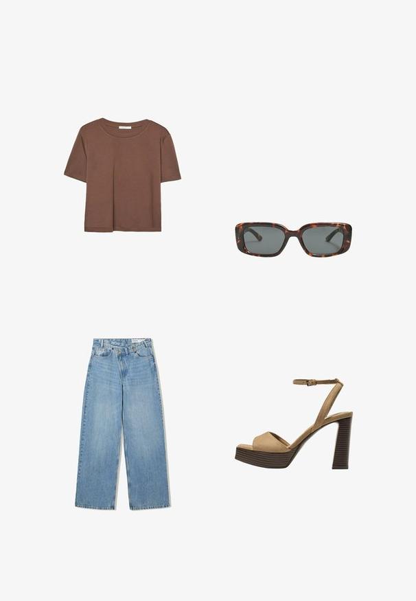 T-shirt marron à manches courtes en tissu doux, avec un col rond et une coupe décontractée. Aucun motif ni accent visible.; Jean large bleu clair en denim, avec taille haute, cinq poches, fermeture à bouton et un léger délavage pour la texture.; Sandales à talons hauts en suede beige avec une large bride avant et une bride à la cheville, dotées d'un chunky talon en bois avec une finition texturée.; Lunettes de soleil en écaille de tortue avec des verres rectangulaires, monture épaisse et verres teintés foncés. Texture lisse et design minimaliste.