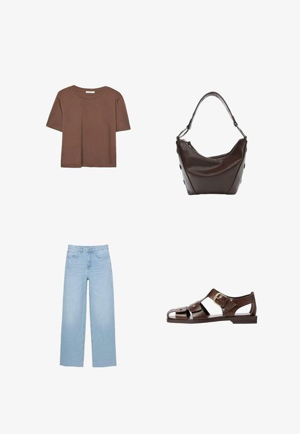 Smeđi kratki rukav majica od mekog materijala, s okruglim izrezom i opuštenim krojem. Nema vidljivih uzoraka ili naglasaka.; Svijetloplave traperice širokih nogavica, visokog struka, ravnog kroja, s pet džepova i čistem rubom.; Smeđe kožne sandale s izrezbarenim dizajnom, podesivim bočnim kopčanjem i ravnim potplatom, s metalnim detaljima i otvorenim prstima.; Tamno smeđa kožna torba sa zakrivljenim oblikom, zatvaranjem na zip i kratkom drškom. Ima metalne detalje i dekorativne crne dugmadi sa strane.
