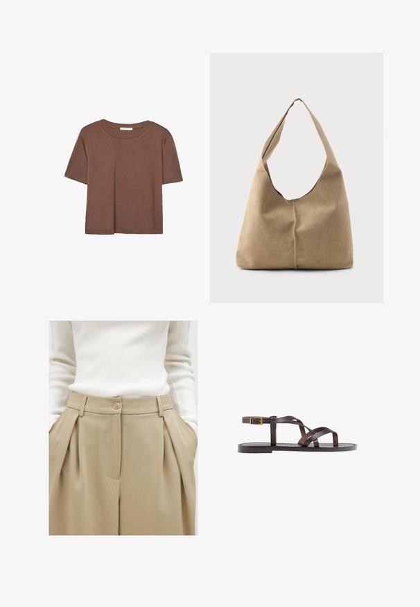 Brun kortärmad t-shirt i mjukt tyg, med rund halsringning och avslappnad passform. Inga synliga mönster eller detaljer.; NA-KD Tygbyxor - khaki beige; Bruna lädersandaler med korsade remmar, spänne runt vristen och en platt sula med minimala sömnadsdetaljer.; Hobo-väska i mjuk beige mocka med en avslappnad form, bred axelrem och handsydd sömdetalj längs framsidan.