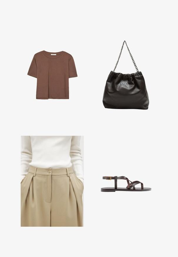 Braunes, kurzärmliges T-Shirt aus weichem Material mit rundem Halsausschnitt und lockerer Passform. Keine sichtbaren Muster oder Akzente.; NA-KD Stoffhose - khaki beige; Braune Leder-Sandale mit überkreuzten Riemen, einem Knöchelriemen mit Schnalle und einer flachen Sohle mit minimalen Nähdetails.; Braune Lederhandtasche mit gerafftem Oberteil und Kettenriemen. Glatte Textur mit glänzendem Finish und subtilen Nahtdetails an den Seiten.