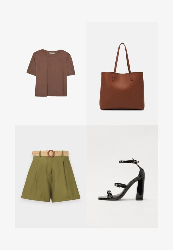 Brązowa koszulka z krótkim rękawem, wykonana z miękkiego materiału, z okrągłym dekoltem i luźnym krojem. Brak widocznych wzorów lub akcentów.; Oliwkowe szorty z plisami, z plecionym paskiem ze słomy i drewnianą klamrą w kształcie pierścienia. Gładka tekstura, dopasowany krój z wyraźnymi liniami.; Czarne lakierowane sandały na obcasie z kwadratowym noskiem, z paskami wokół kostki i srebrnymi klamrami. Posiadają masywny słupek dla stabilności.; Brązowa skórzana torba tote o gładkiej fakturze, z otwartym wierzchem i dwoma ramiączkami. Charakteryzuje się minimalnym przeszyciem i brakiem widocznych elementów metalowych.
