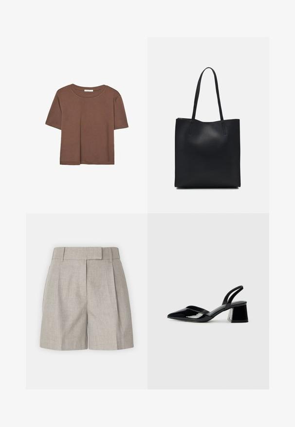 Braunes, kurzärmliges T-Shirt aus weichem Material mit rundem Halsausschnitt und lockerer Passform. Keine sichtbaren Muster oder Akzente.; Hellgraue Shorts mit einem strukturierten Taillenbund, Falten und einem lockeren Sitz aus glattem Leinen. Einfaches und vielseitiges Design.; Schwarze Lackleder-Slingback-High Heels mit spitzem Schuh und einem geometrischen Blockabsatz. Verfügt über ein schlankes, minimalistisches Design und eine glatte Textur.; Schwarze Laptoptasche aus Leder mit glatter Textur, rechteckiger Form und zwei langen Griffen. Keine sichtbaren Beschläge oder Verzierungen.