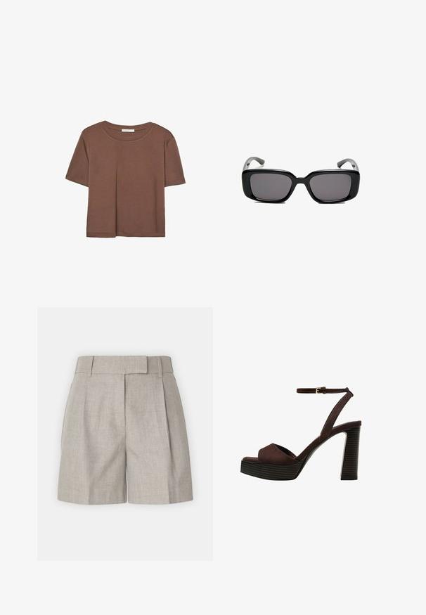 Brun kortærmet t-shirt lavet af blødt stof, med rund halsudskæring og afslappet pasform. Ingen synlige mønstre eller detaljer.; Lysegrå shorts med struktureret talje, detaljerede folder og en afslappet pasform med en glat linnedtekstur. Enkelt og alsidigt design.; Brune ruskinds højhælede sandal med åben tå, justerbar ankelrem og en stribet plade sål.; Sorte rektangulære solbriller med mørke linser, glat plastikramme og buede stænger. Designet er klodset med en minimalistisk æstetik.