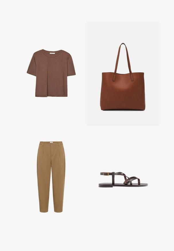 Hnedé tričko s krátkym rukávom vyrobené z jemného materiálu, s okrúhlym výstrihom a voľným strihom. Žiadne viditeľné vzory ani akcenty.; Kaffe KAMERLE PANTS CROPPED - Nohavice - toasted coconut; Hnedé kožené sandály s krížovými popruhmi, uzatváraním na pracku okolo členku a plochou podrážkou s minimálnymi ševmi.; Hnedá kožená taška na rameno s hladkou textúrou, otvoreným vrchom a dvoma ramenými popruhmi. Má minimálne šitia a žiadne viditeľné kovania.