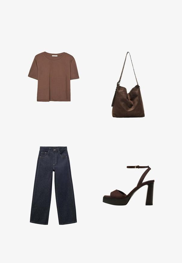 Braunes, kurzärmliges T-Shirt aus weichem Material mit rundem Halsausschnitt und lockerer Passform. Keine sichtbaren Muster oder Akzente.; Dunkelblaue Schlagjeans aus Denimstoff. Mit Reißverschluss, Knopfverschluss und kontrastierenden Nähten entlang der Nähte.; Braune Wildleder-Pumps mit offenem Zeh, verstellbarem Knöchelriemen und gestreiftem Plateausohlen.; Braune Wildleder-Hobo-Tasche mit geschwungenem oberen Teil, einem langen Trageriemen mit Punktakzenten und einer weichen Textur. Verfügt über ein lässiges Design für den täglichen Gebrauch.
