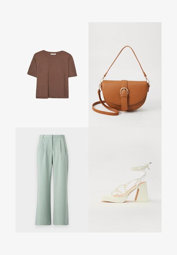 Maglietta a maniche corte marrone realizzata in tessuto morbido, con scollatura rotonda e vestibilità rilassata. Nessun motivo o dettaglio visibile.; Pantaloni a gamba larga verde chiaro con pences, caratterizzati da una superficie liscia e una vita tradizionale. Il tessuto sembra leggero e morbido.; Sandalo bianco con tacco alto, caratterizzato da un design a cinturini e un legaccio alla caviglia. Texture liscia con una piattaforma frontale per un'altezza aggiuntiva.; Borsa a tracolla in pelle marrone con forma curvata, hardware dorato e un dettaglio con fibbia. Presenta una tracolla rimovibile.