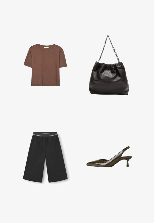 Maglietta a maniche corte marrone realizzata in tessuto morbido, con scollatura rotonda e vestibilità rilassata. Nessun motivo o dettaglio visibile.; Pantaloni neri a gamba larga realizzati in tessuto leggero. Presentano una vita elastica con una sottile striscia decorativa. Texture liscia, senza tasche.; Pump slingback verde oliva con punta affusolata e tacco basso e sottile. Texture lucida con una finitura leggermente crinkled.; Borsa in pelle marrone con parte superiore arricciata e tracolla a catena. Texture liscia con finitura lucida e dettagli di cucitura sottili sui lati.