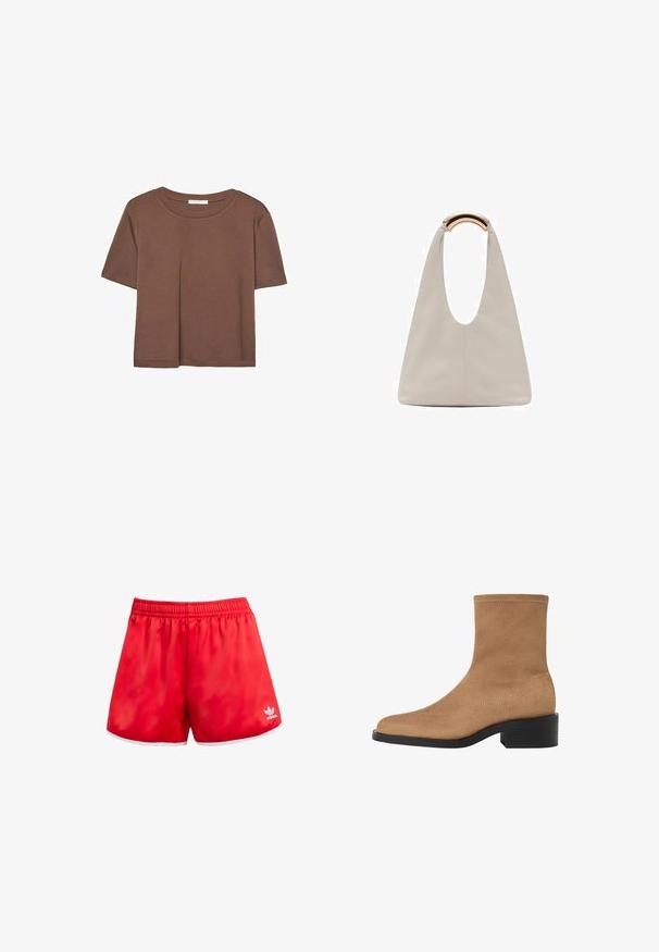 Rjava kratka majica s kratkimi rokavi iz mehkega materiala, s krožnim izrezom in ohlapnim krojem. Brez vidnih vzorcev ali dodatkov.; Rdeči atletski šortki z elastičnim pasom, belim robom na dnu in diskretno sijajem. Na spodnji levi strani se nahaja beli Adidasov logotip.; Svetlo rjave antilop škornje z kvadratnim nosom, nizkim blokastim petnim delom in brezšivno zasnovo. Imajo subtilno šivanje ob robovih.; Svetlo siva usnjena torba z U-oblika zasnovo in ukrivljenim kovinskim ročajem. Gladka tekstura z minimalnim šivom in brez vidnih vzorcev.