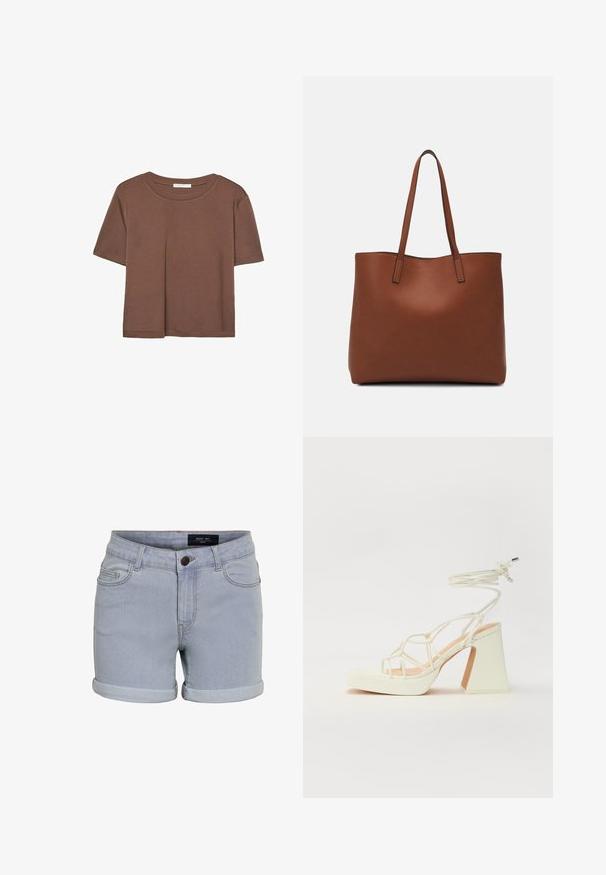 Maglietta a maniche corte marrone realizzata in tessuto morbido, con scollatura rotonda e vestibilità rilassata. Nessun motivo o dettaglio visibile.; Shorts in denim azzurro chiaro con orlo arrotolato, dotati di cinque tasche e chiusura con bottone. Il tessuto ha una texture liscia e dettagli di cucitura sottili.; Sandalo bianco con tacco alto, caratterizzato da un design a cinturini e un legaccio alla caviglia. Texture liscia con una piattaforma frontale per un'altezza aggiuntiva.; Borsa tote in pelle marrone con texture liscia, design con apertura superiore e due spallacci. Presenta cuciture minime e nessun hardware visibile.